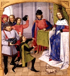 French King Philip V (1293-1322) receiving tax, illumination by Robinet Testard from 