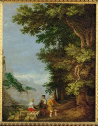 Mountain landscape with fruit vendor
