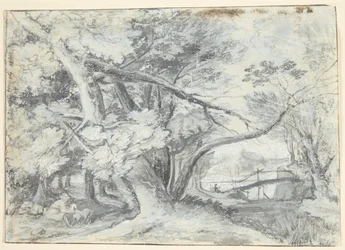 Forest Scene with Large Trees, Under Which Are Two Men and a Dog. To the Right a Bridge