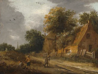 Three Figures Passing Along a Road Before a Cottage