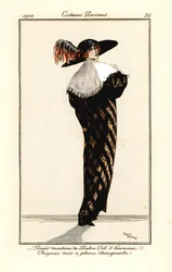 Woman in long coat of otter fur with ermine collar, black hat with multi-colour feather, etching after an illustration by Roger Broders from Tommaso Antongini