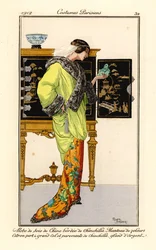 Woman in Silk Dress with Chinchilla Trim, Lemon-Green Velvet Cape with Chinchilla Collar and Cuffs, Holding a Jade Buddha. Chinese Cabinet in the Background