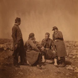 Two French Soldiers Standing next to Three Zouave Soldiers Sitting and Smoking, Crimean War, Crimea, Ukraine