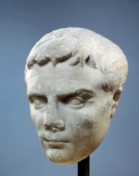 Face of Augustus (Octavian, 63 BC-14 AD). The first Roman emperor. Sculpture found in Cos, between 27 and 20 BC. Paris, Musee Du Louvre