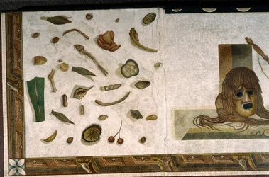 “Asarotos” (Floor unswept) Fragments of mosaic signed by Harakliton from Rome, 2nd century AD