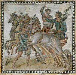 Chariot Race with the Charioteers in Starting Position and a Groom Near the White Horse