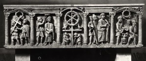 Christian sarcophagus decorated with scenes of the Passion of Christ including the Arrest and Christ before Pontius Pilate, from the Catacombs of St. Domitilla