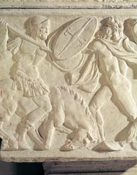 Detail of a sarcophagus depicting a Roman soldier fighting a Galatian