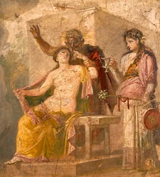 Fresco with an erotic subject depicting a Dionysian scene, from Pompeii