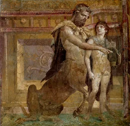 Greek mythology: the centaur Chiron and the young Achilles. Fresco from the Basilica of Herculaneum (Basilica di Ercolano). Roman art. Naples, Museo Archeologico Nazionale