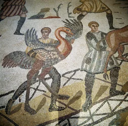 Hunter loading ostrich onto a ship (detail)