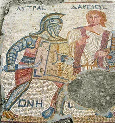 Lytras being separated from his opponent by Darios, House of the Gladiators, Kourion, Cyprus