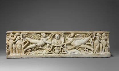 Marble sarcophagus with flying erotes holding a clipeus portrait, c.190-200 AD