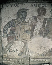Painting of Two Gladiators on a Mosaic Wall, Kourion, Limassol, Cyprus