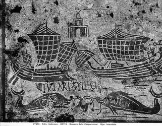 Pavement detail from the Piazzale dell Corporazioni depicting a nautical scene