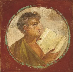 Portrait of a young man holding a papyrus scroll, 55-79 AD