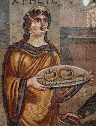 Prisoner Chresis giving keys of her ransom to her captor Agamemnon, Detail from Mosaic of Chresis uncovered in Daphne, Antioch, Turkey