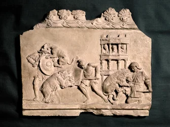 Roman Art: Bas-relief in Terracotta Showing Three Gladiators Battling