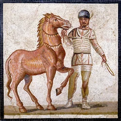 Representation of the four factions of the Roman circus: the whites (factio albata). The factions were clubs engaged in circus competitions in the Upper Empire (1st century AD) and characterized by a color. Mosaic, Rome, Museo Nazionale Romano.