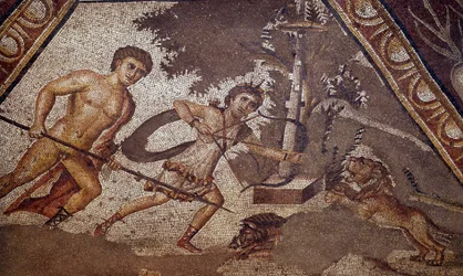 Mosaic of the seasons from the courtyard of the Constantine villa of Daphne representing two hunters (detail)