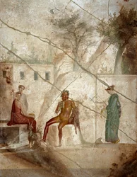 Roman Art: Pan musician with nymphs. Fresco attributed to master Chiaro. 1st century. From Pompei. Naples, Museo Archeologico Nazionale