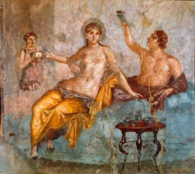 Roman Art: Banquet Scene, a Young Man and a Courtesan. Roman fresco of the 4th Pompeian style from the site of Ercolano (Herculaneum) 60-80 AD