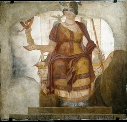 Roman art: “The seated goddess Venus personifying Rome, called the Barberini Goddess”. Fresco from the 4th century AD. From the Baptistery of Saint John Lateran (San Giovanni in Laterano) in Rome. Rome, Museo Nazionale Romano (or delle Terme)