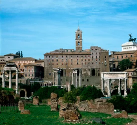 Roman Forum: panoramic view with the Tabularium in the background used as archives (79 BC). Rome