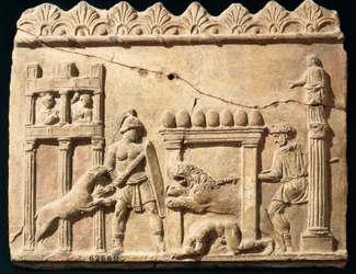 Roman Relief depicting lions and gladiators fighting in circus