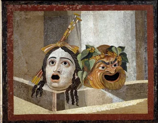 Roman Theater Masks - Roman Mosaic, 2nd century AD, from the Baths of Decius on the Aventine, Rome