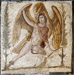 Roman art: “Ganymede is carried away by an eagle”. Mosaic from a villa belonging to the family of Emperor Septimius Severus. End of the 2nd century AD. Rome, Museo Nazionale Romano