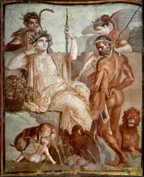 Roman art: Heracles finds his son Telephus in the mountains of Arcadia. Roman fresco from the site of Herculanum (Ercolano), 70 AD, Naples, Museo Archeologico Nazionale