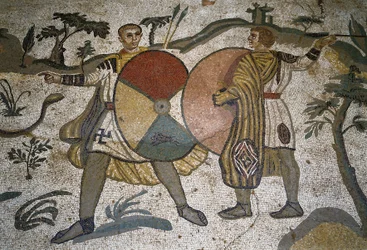 Roman art: (detail) of the mosaic The large hunting party. Hunters with large shields. 315-350 AD. Piazza Armerina, Villa Romana del Casale