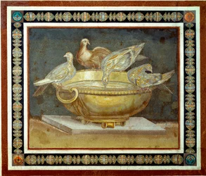 Roman art: four doves drinking from a fountain. Mosaic from Villa Adriana, also Hadrian