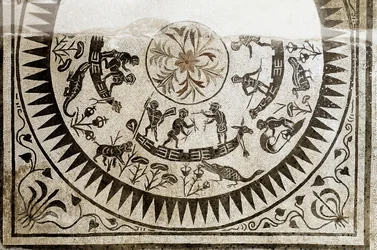 Roman art: Pygmies hunting and fishing. Mosaic from the 3rd century. Museo Nazionale Romano (or delle Terme), Rome