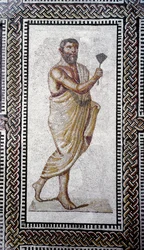 Roman art: “Man with a Roof”. Mosaic pavement from the Baths of Caracalla. 212 AD. Rome, Museo Nazionale Romano (or delle Terme).
