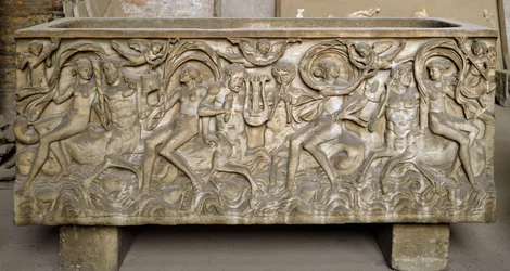 Roman Art: Sarcophagus Decorated with Low Reliefs Representing a Cortege of Maenads, Centaurs Dancing and Playing Music