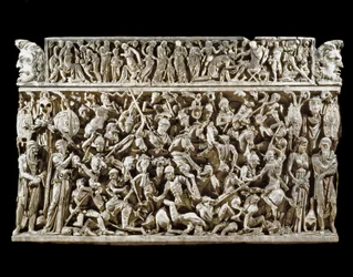 Roman art: scene of battles between Roman warriors and barbarians during the Marcomannic Wars. Relief from the so-called Portonaccio sarcophagus of a general of Marcus Aurelius. 180-190. Rome, Museo Nazionale Romano (or delle Terme)