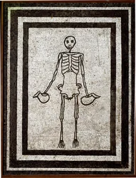 Roman art: skeleton carrying an askos. Mosaic from the Vesuvius region. Fourth Style. 1st century BC. Dimensions: 91 x 70 cm. Museo Archeologico Nazionale, Naples