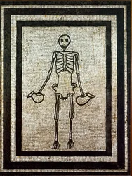 Roman art: skeleton holding two jugs. Mosaic of the 1st century from Pompeii. National Archaeological Museum, Naples, Italy