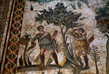 Roman art: two bird hunters placed under a tree. (detail) of mosaic of The small hunting party 315-350 AD. Piazza Armerina, Villa Romana del Casale
