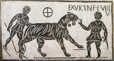 Roman art: “Two women taming a tiger” - Mosaic from Castro Pretorio in Rome, 1st century AD - Rome, National Roman Museum