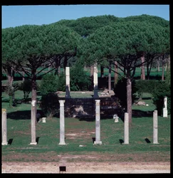 Roman art: view of the ruins of the Temple of Ceres, archeological site of Ostia