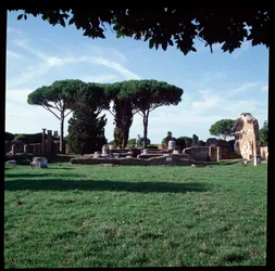 Roman art: view of the ruins of the Temple of Rome and Augustus, archeological site of Ostia