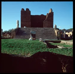 Roman art: view of the ruins of the capitol, archeological site of Ostia