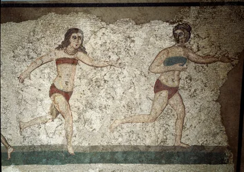 Roman art: young Romans engaged in physical exercises. They wear a loincloth around the kidneys and a strophium (ancestor of the bra) on the chest. (detail) of mosaic 315-350 AD. Piazza Armerina, Villa Romana del Casale