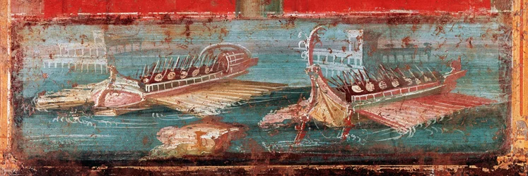 Roman war ships at the entrance of a port (fresco)