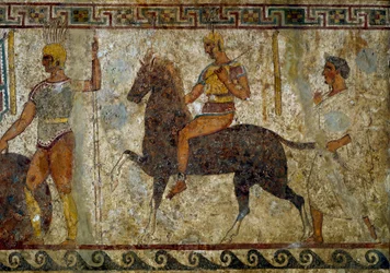 Samnite warriors and horseman. Tomb painting from the 4th century BC, from the site of Paestum, Italy. Fresco. Dimensions: 112 x 199 cm. Inv. 9363. Museo nazionale archeologico, Naples (National Archaeological Museum of Naples).