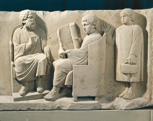 Stone burial monument with relief representing Neumagen school with teacher and pupils, about 180