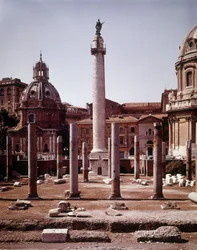 The Trajan forum and the Trajan column (Trajane column) (Colonna Traiana) in Rome built during the reign of Emperor Trajan (53-117). The Trajane column commemorates the victorious campaigns of the emperor in Dacia